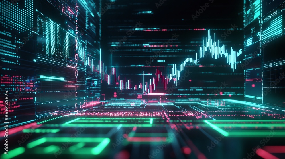 Poster futuristic digital interface with data visualization and graphics showing statistics and trends.