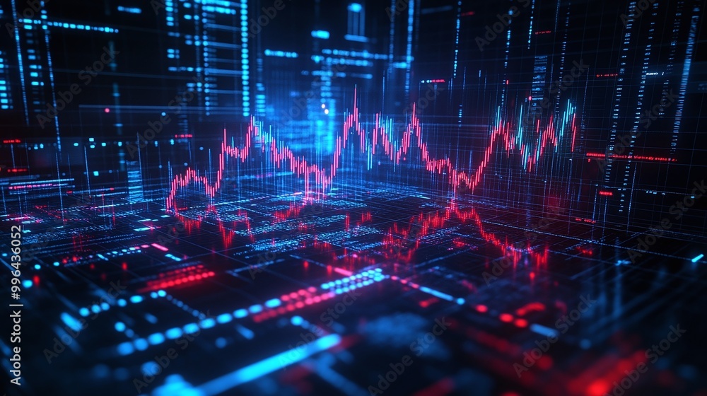 Poster futuristic digital interface with glowing data graphs, showcasing financial trends and analytics in 