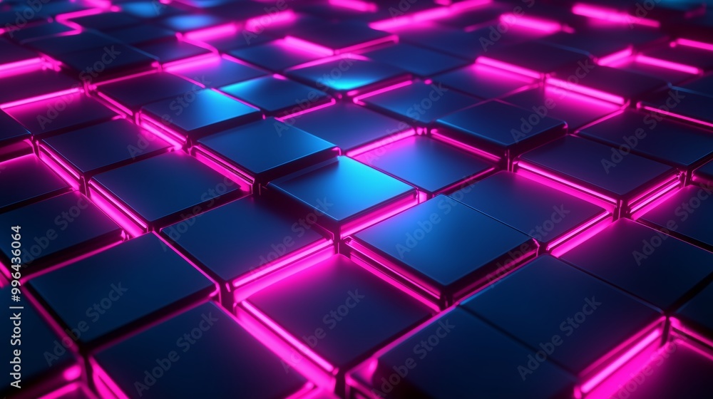 Poster abstract futuristic background with cubes in space, glowing and sparkling elements
