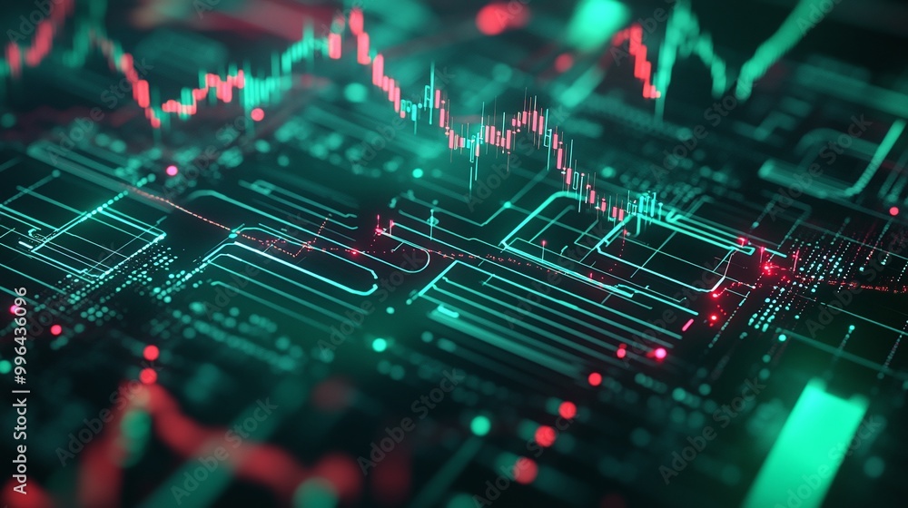 Poster futuristic digital interface with glowing data patterns and stock market trends visualized in vibran