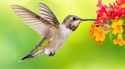 Fototapeta premium A hummingbird mid-flight, feeding on vibrant orange and pink flowers against a bright green background