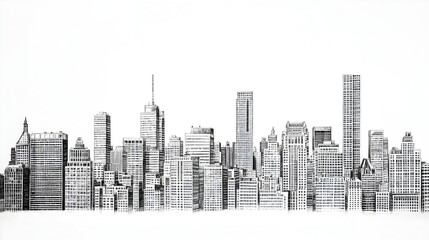 Detailed Monochrome Cityscape of an Urban Skyline and Architecture