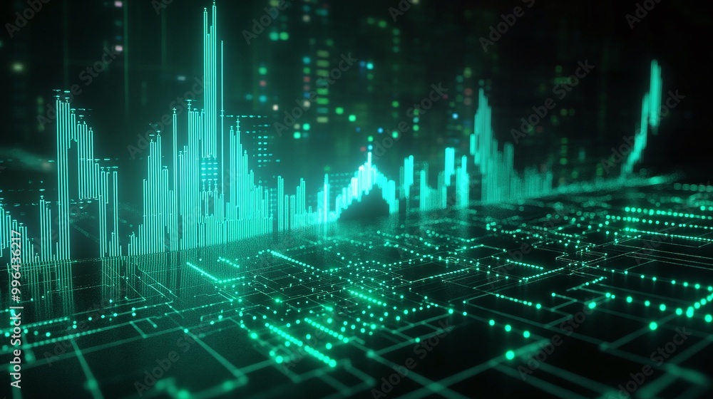 Poster futuristic digital interface with glowing green data visualization elements against a dark backgroun