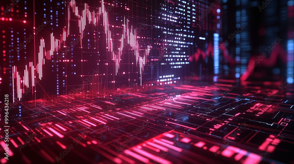 Poster futuristic digital interface with glowing graphs and data patterns displayed in vibrant red and blue
