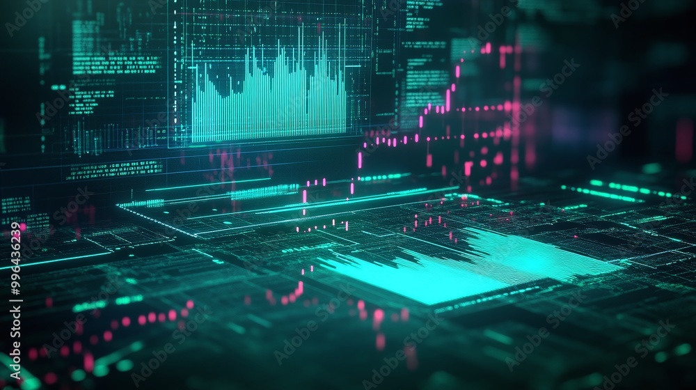 Poster futuristic digital interface with glowing graphs and data visualization on a dark background.