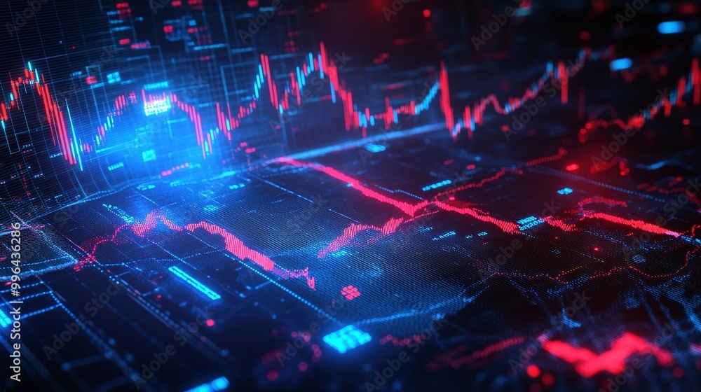 Poster futuristic digital interface with glowing red and blue data streams and graphs illustrating market t