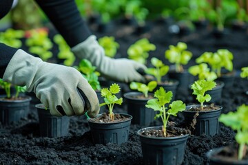 A person holds a plant in a pot, with a background of possibly a home or office