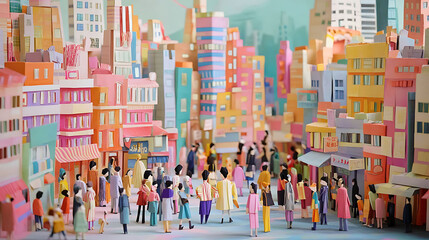 A vibrant paper cityscape with tiny people walking around the streets, showing a lively and bustling atmosphere.