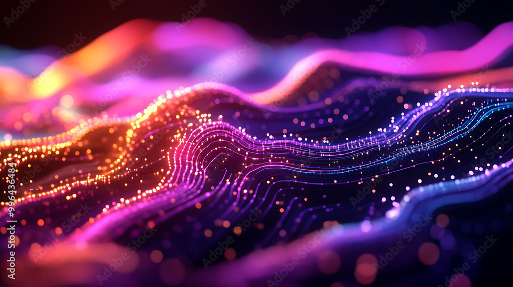 Poster abstract digital wave with colorful glowing particles and lines on a dark background.