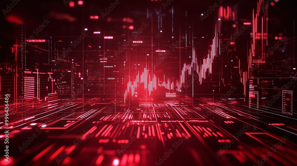 Aufkleber futuristic digital interface with red tones, displaying various data visualizations and graphs.
