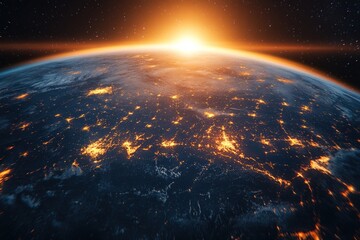 Obraz premium A breathtaking sunrise over Earth, with city lights illuminating the planet's surface, seen from space.