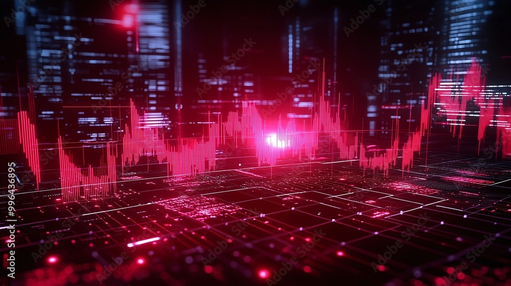 Poster futuristic digital landscape with dynamic audio waveforms and vibrant red tones, representing data a