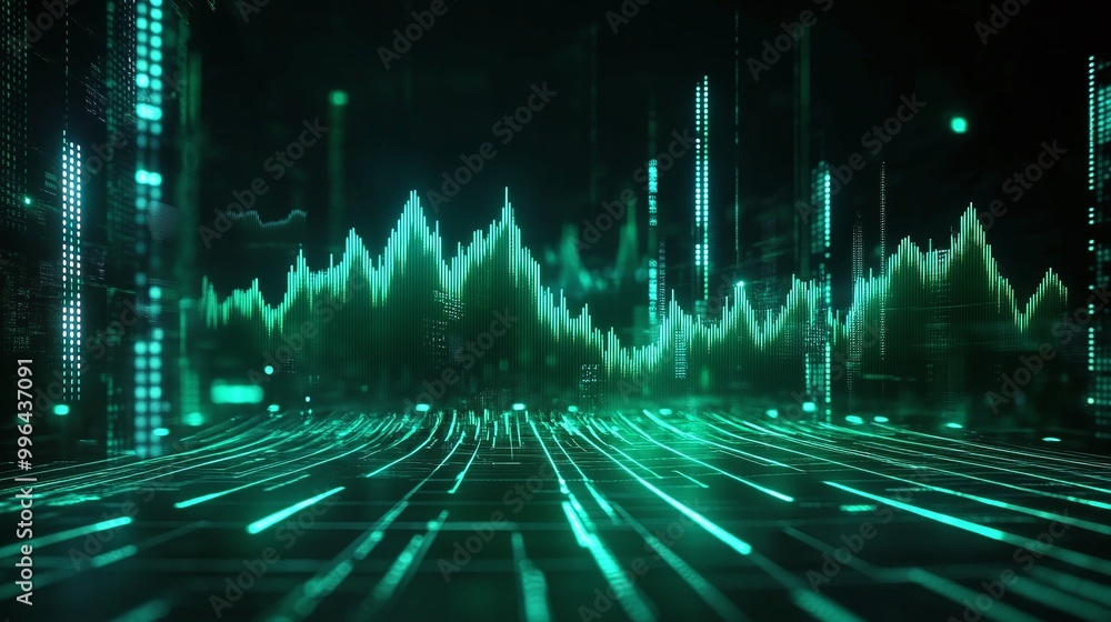 Aufkleber futuristic digital landscape with glowing green wave patterns and data flow.