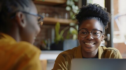 Two friends smile and engage in conversation while sitting at a table, with a laptop in front of them, surrounded by a cozy, modern environment.