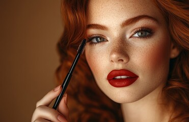 Redheaded woman with red lips, holding mascara wand, posing against brown isolated background
