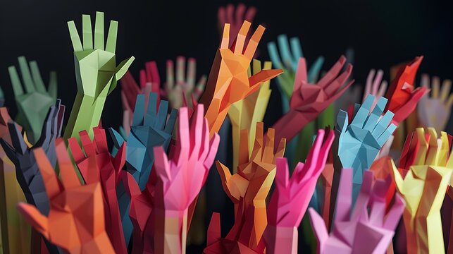 A vibrant display of colorful paper hands raised, symbolizing enthusiasm, participation, and community engagement.