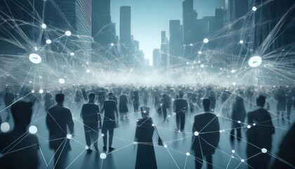 Crowd with a network of connections. Big data, smart city, WiFi concept. Generated image