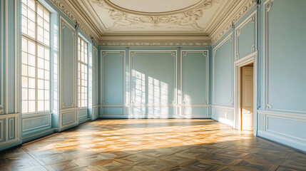 Obraz premium Elegant Empty Room with Blue Walls and Parquet Flooring