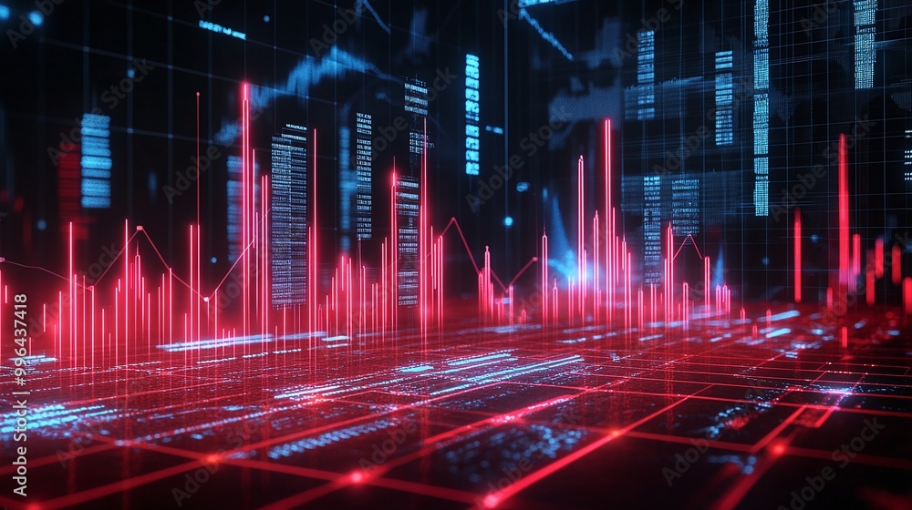 Poster futuristic digital landscape with red and blue data visualization elements on a dark background.