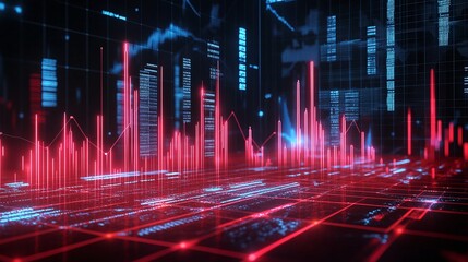 Futuristic digital landscape with red and blue data visualization elements on a dark background.