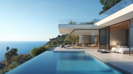 Fototapeta premium A large, white modern mansion with circular shapes and terraces overlooking the sea