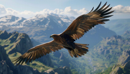Obraz premium A large bird is soaring majestically high over a vast mountain range