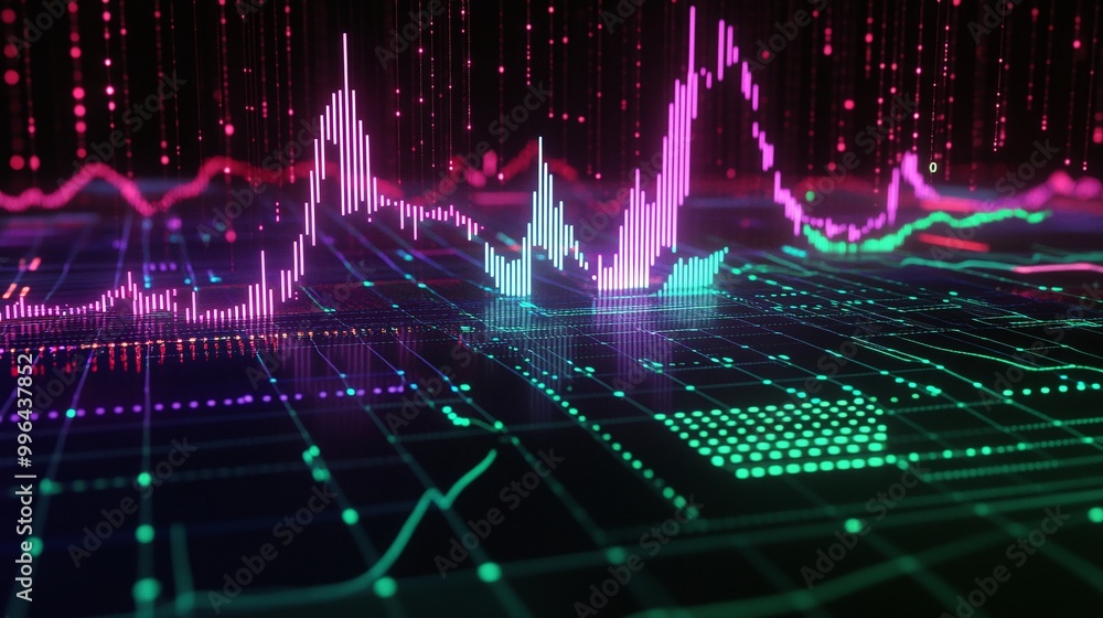 Poster futuristic digital landscape with vibrant colorful graphs and data visualizations.