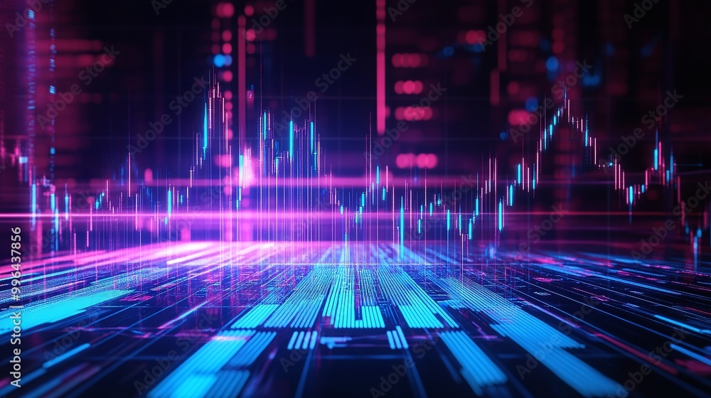Poster futuristic digital landscape with vibrant lines and waves representing data flow and analytics.