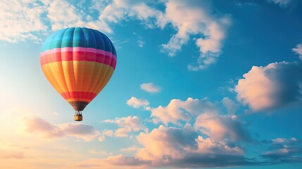Naklejka premium Hot Air Balloon Soaring Through a Blue Sky