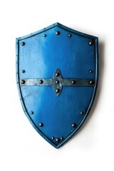 A blue shield with rivets attached to a white wall, a symbol of protection and strength