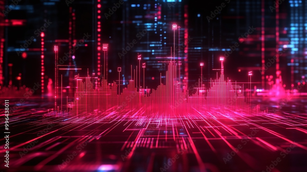 Poster futuristic digital landscape with vibrant red neon lines and data visualizations on a dark backgroun