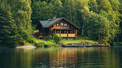 Obraz premium Picturesque Wooden Cabin by the Lake