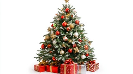 Decorated Christmas Tree with Gifts Underneath on White Background