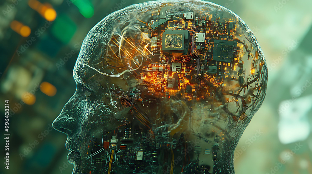 Poster a human head with a circuit board inside, representing artificial intelligence or the merging of tec