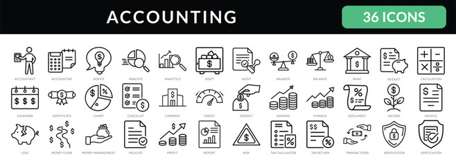 Finance and Accounting Thin Line Icons: Audit, Tax, Budget, Invoice, Report Set