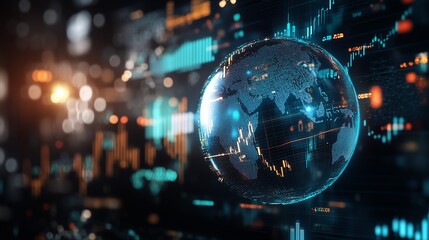 Obraz premium A futuristic digital globe with data visualization and network connections, representing global communication and technology.