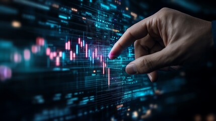 Fototapeta premium Close-up of a hand interacting with a digital financial chart on a touchscreen, representing stock market analysis and trading.