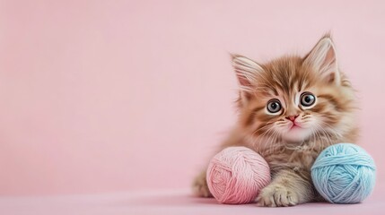 Fluffy kitten playing with a yarn ball, pastel background with plenty of copy space.