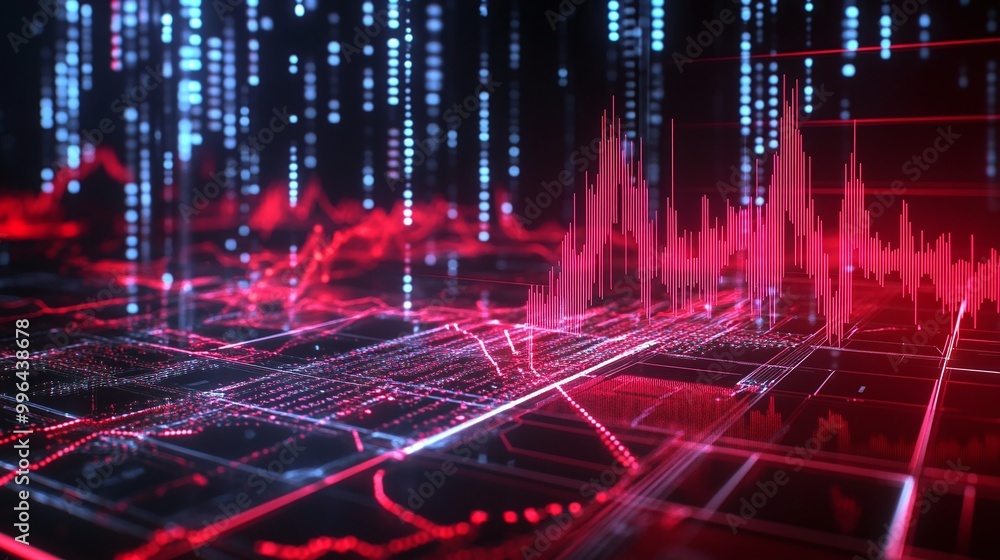 Poster futuristic digital visualization with red and blue lines representing data and statistics in a cyber