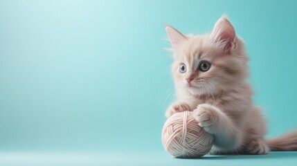 Naklejka premium Fluffy kitten playing with a yarn ball, pastel background with plenty of copy space.