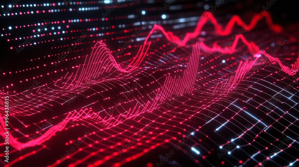 Aufkleber futuristic digital wave lines in red and white tones, representing data flow and technology.