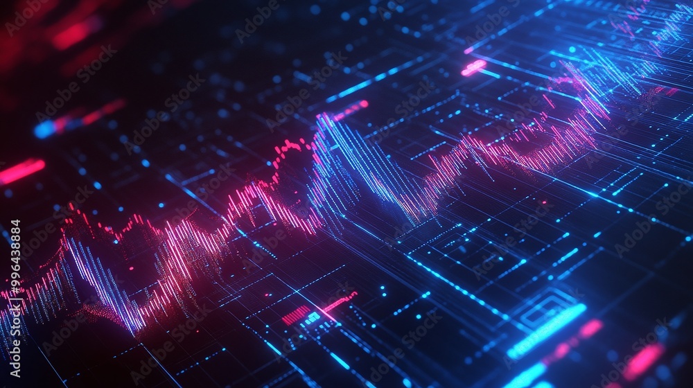 Poster futuristic digital wave patterns in vibrant colors representing data flow and technology.