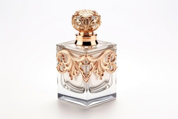 A luxurious perfume bottle with a metallic finish and a glamorous design