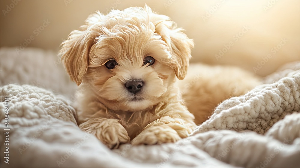 Wall mural fluffy puppy lying on a soft blanket, gentle lighting with wide copy space for text.