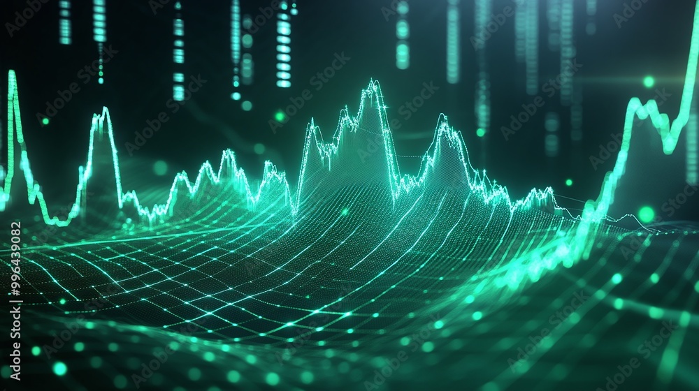 Poster futuristic digital wave with glowing lines and data patterns in a dynamic green color scheme.