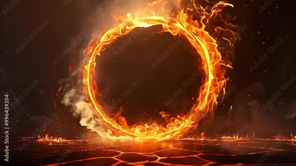 Poster a fiery circle of flames against a dark background, creating a dramatic and dynamic visual effect.