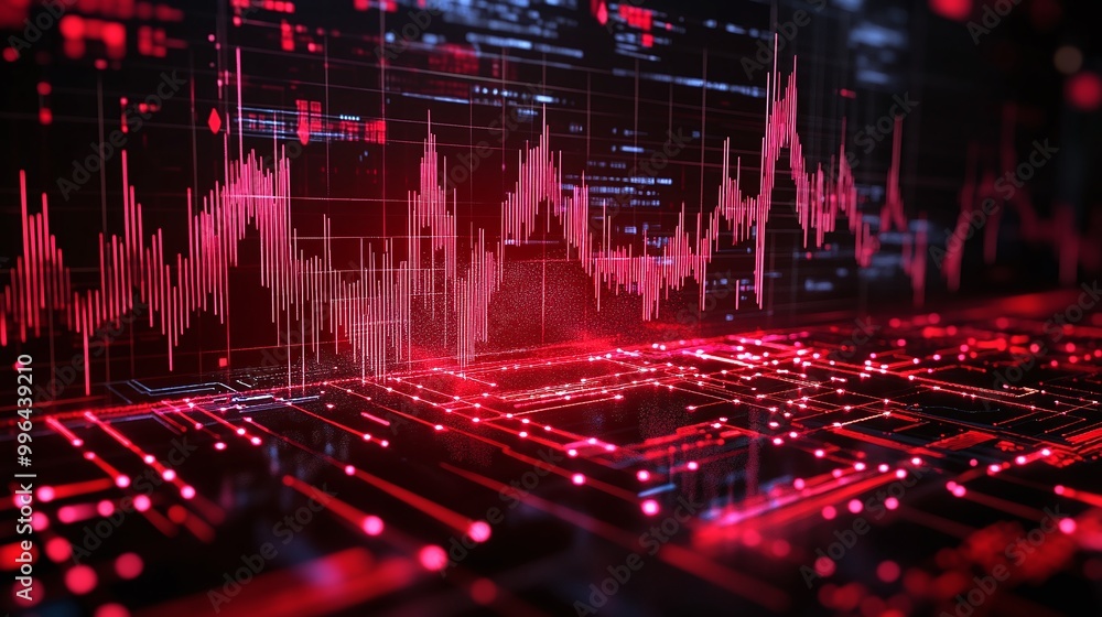 Poster futuristic digital waveform visualization in red, representing technology and data analysis on dark 
