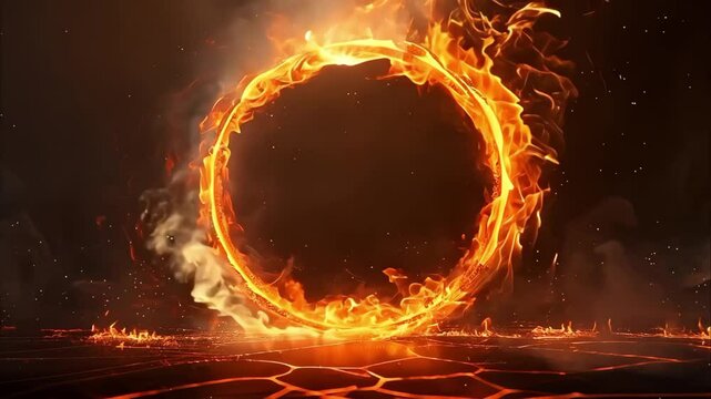A fiery circle of flames against a dark background, creating a dramatic and dynamic visual effect.