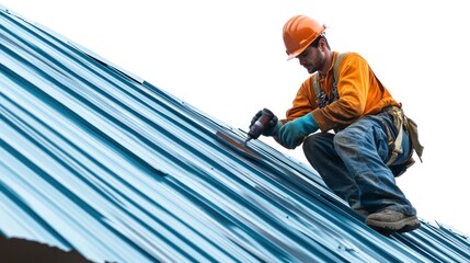 Professional roofer drilling metal sheets for roof installation, construction work in progress, isolate on white background