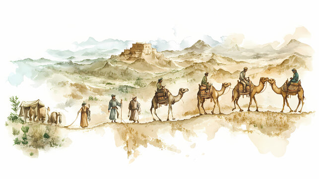 A watercolor of a detailed map of the silk road, featuring camels and traders at various stops, clipart isolated on white. silk road. illustration. Silk Road Traders. Illustration